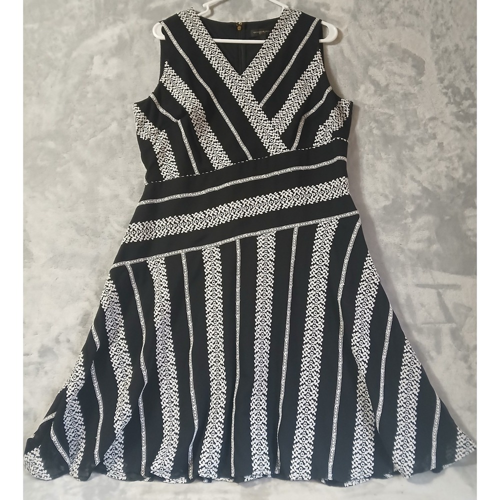 Donna Karan New York Black White Embroidered Fit‎ Flare Midi Dress 16 DR9EI879